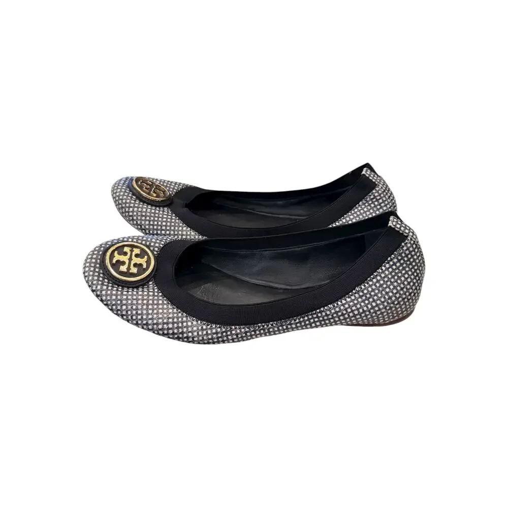 Tory Burch Caroline 2 Tidal Grid Ballet Flats Black White Gold Logo Sz 8
